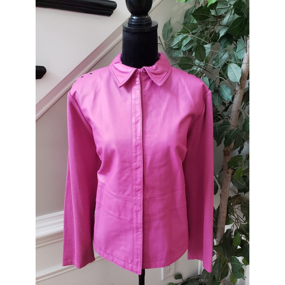 Nygard Jacket Women's Large Pink Leather Casual Long‎ Sleeve Collared Snap Front